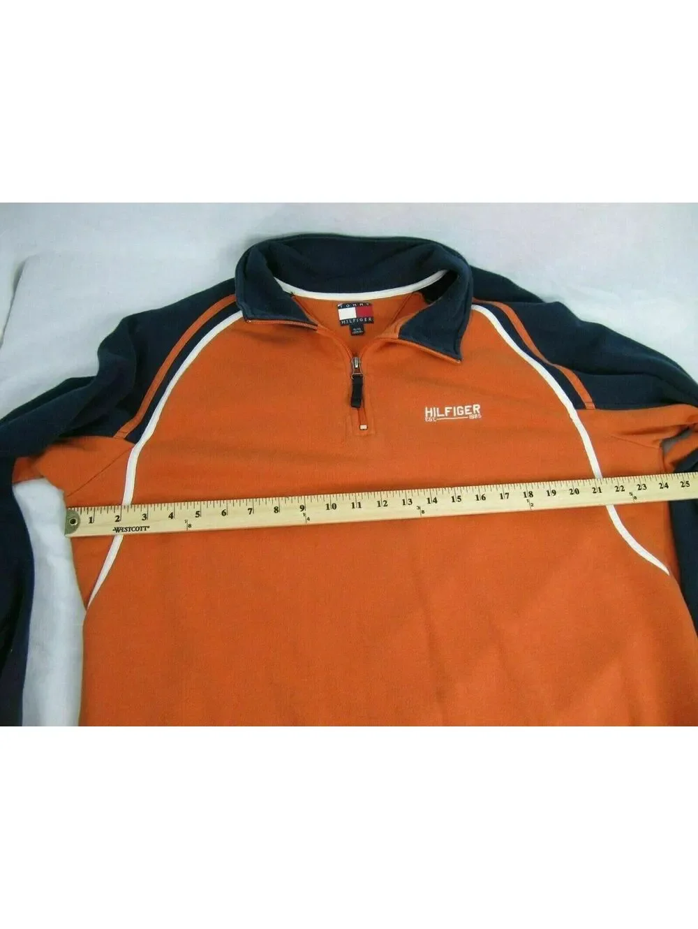 Tommy Hilfiger XL Orange Navy Blue Quarter Zip Fleece Pullover Sweatshirt 24x29
